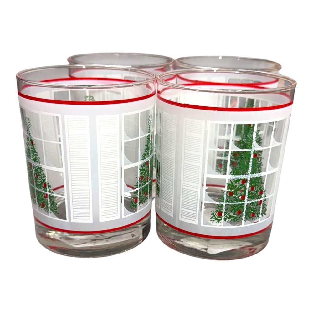 Vtg Waechtersbach Frosted Christmas Tree In Window Old Fashion Tumblers Set 4
